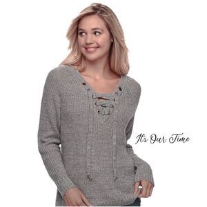 It's Our Time Lace-Up Neckline Sweater